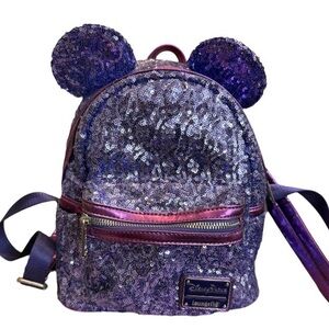 Disney Parks Loungefly Potion Purple Sequined Mini Backpack Minnie Mouse Ears